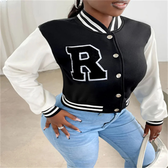 Lorinea - Varsity Bomberjack dames, Kort Model met Letterpatch en Drukknoopsluiting