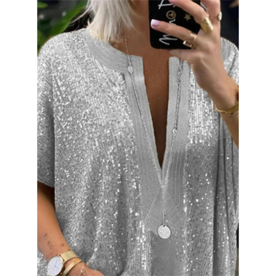 MODA grijs glanzende dames blouse met v-hals