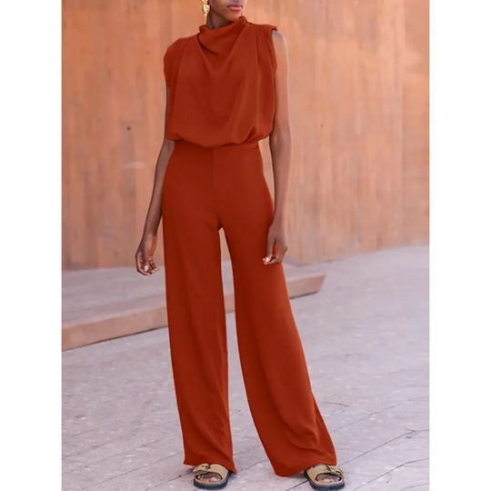 MODA elegante oranje jumpsuit met opstaande kraag en wijde broek