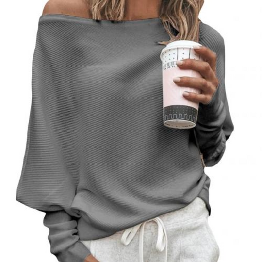 Knitara - Dames Off-Shoulder Geribbeld Breisel Top, Casual Lange Mouwen Pullover