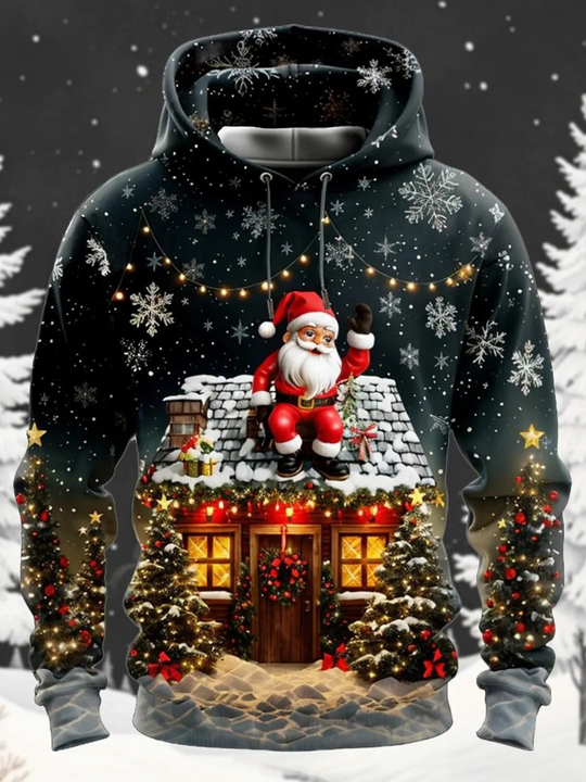 Knitlux - Kersttrui - Santa op Rendier Hoodie, Winterbos Ontwerp