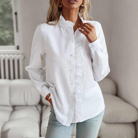 Vivonia - Dames Gestructureerde Blouse met Ruches, Knoopsluiting, Lange Mouwen, Chique Look