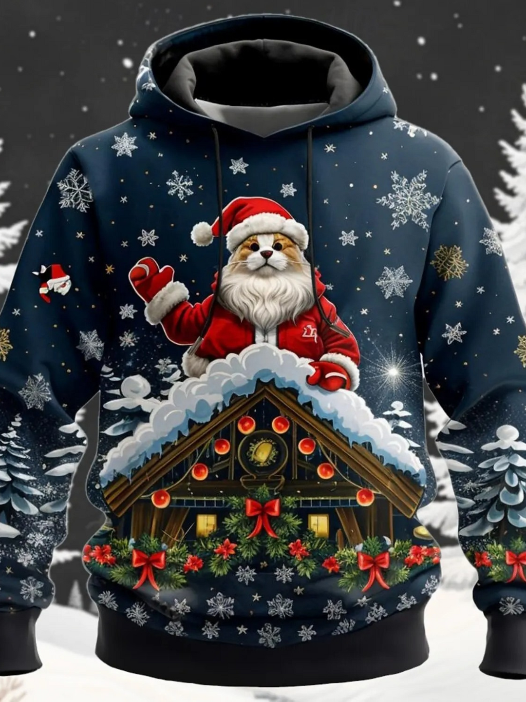 Knitlux - Kersttrui - Santa op Rendier Hoodie, Winterbos Ontwerp