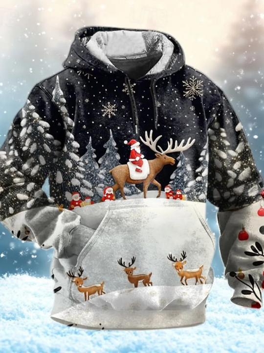 Knitlux - Kersttrui - Santa op Rendier Hoodie, Winterbos Ontwerp