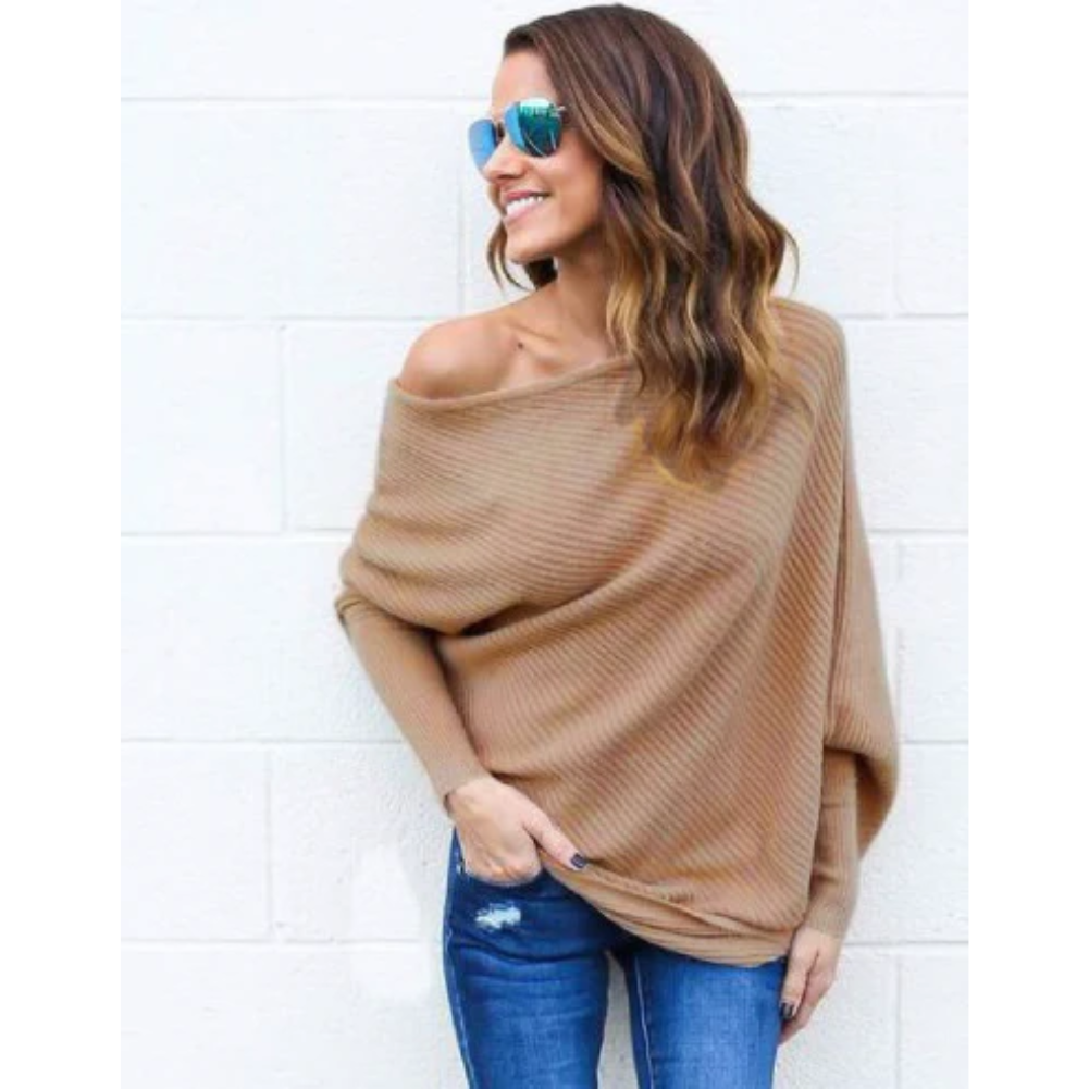 Knitara - Dames Off-Shoulder Geribbeld Breisel Top, Casual Lange Mouwen Pullover