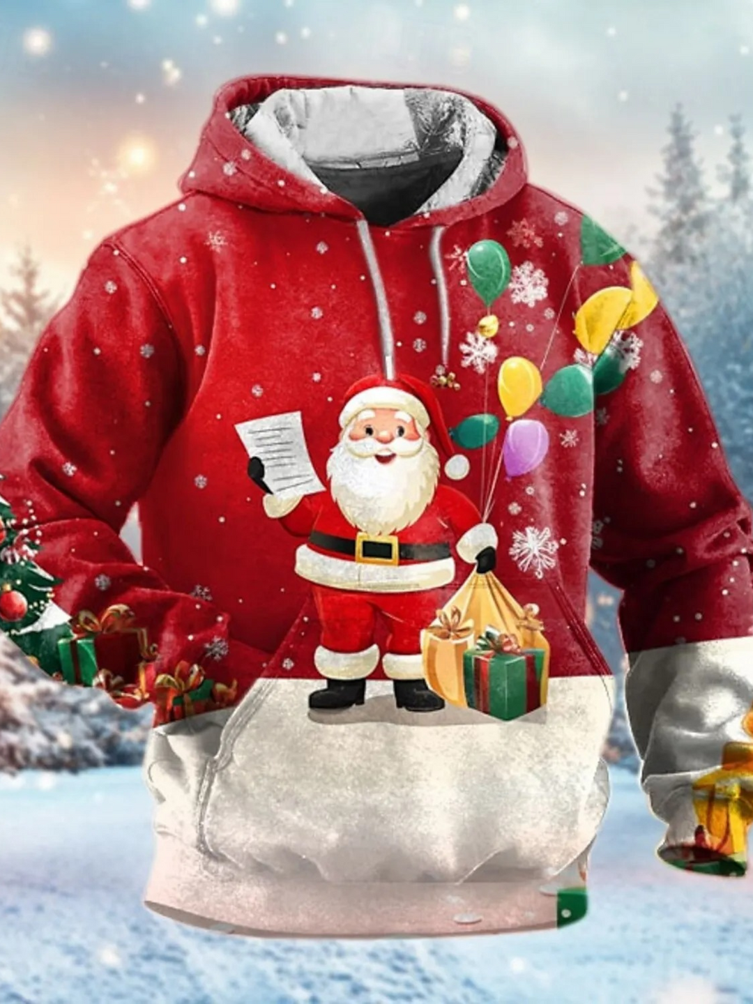 Knitlux - Kersttrui - Santa op Rendier Hoodie, Winterbos Ontwerp