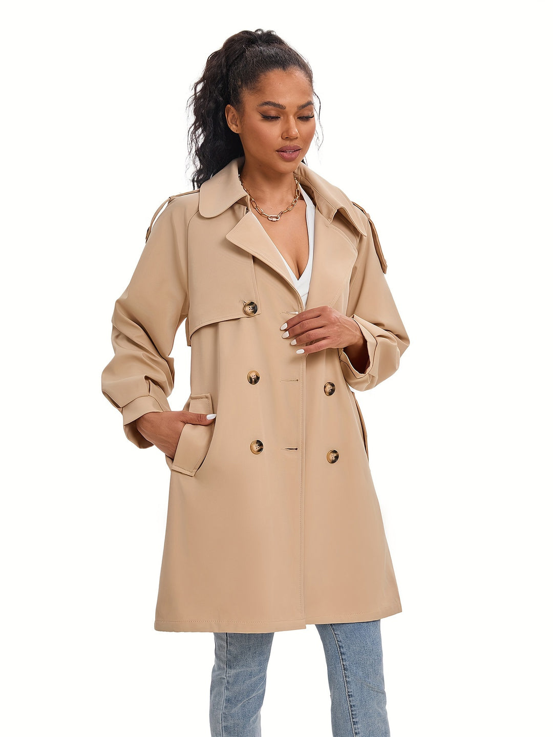 Coativa - Dames Trenchcoat met Pofmouwen en Dubbele Rij Knopen