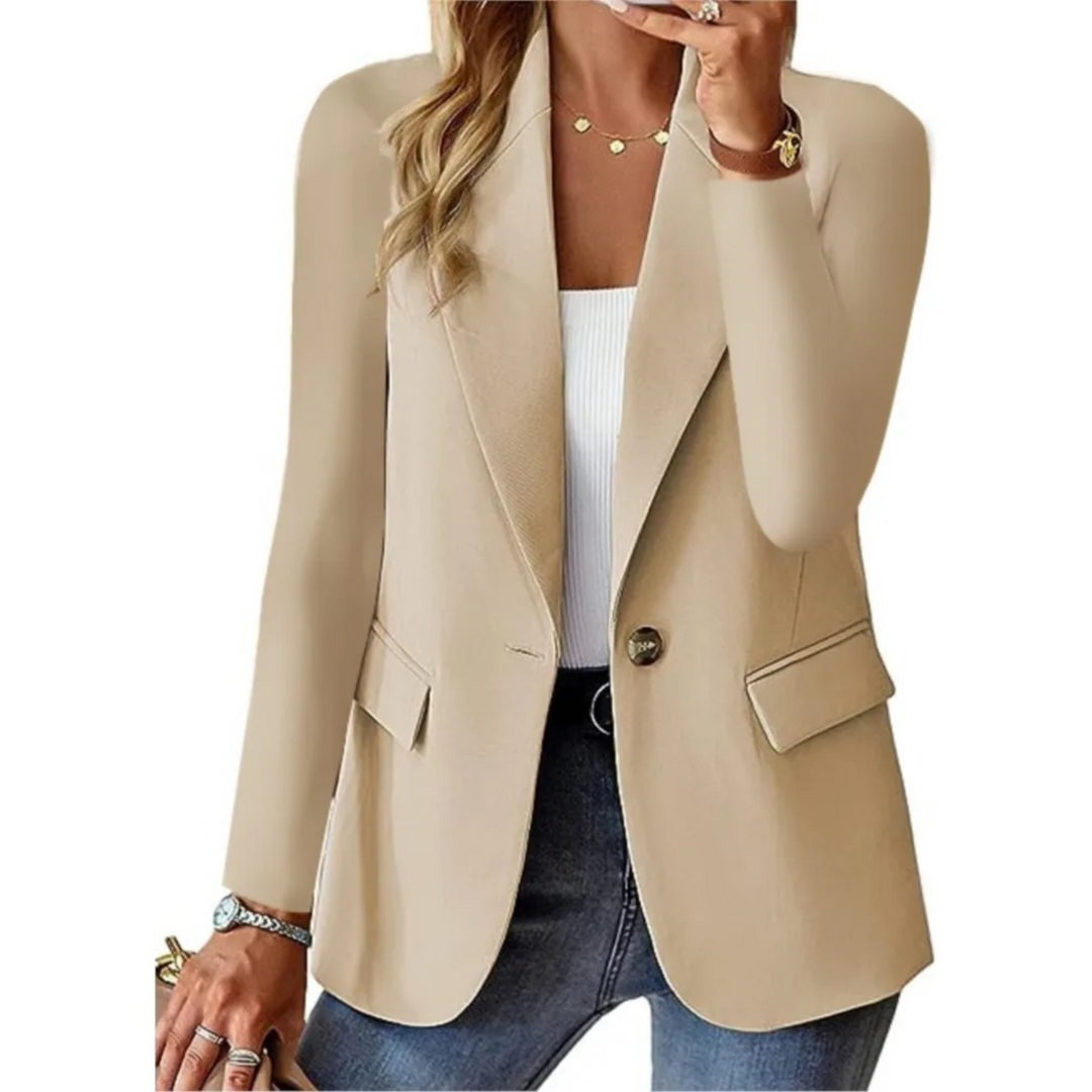 Beige casual solide blazer met lange mouw en zak met gesp